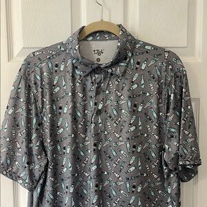 Gray and Blue Polo Shirt with Botanical Pattern